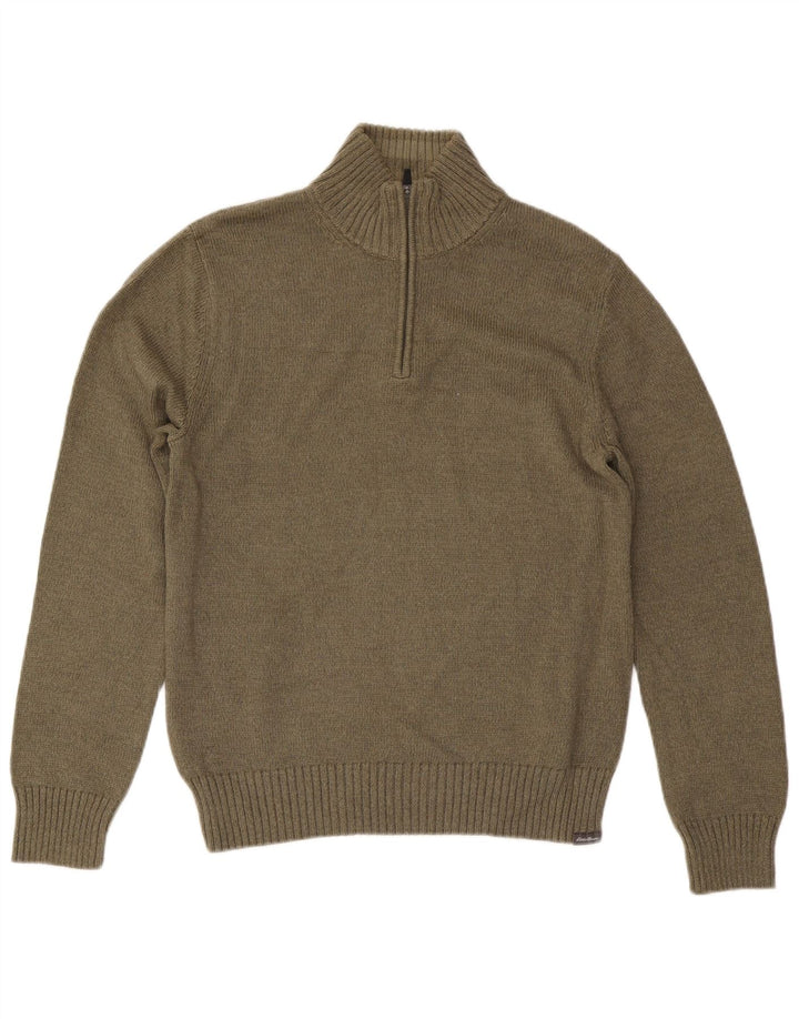 EDDIE BAUER Mens Zip Neck Jumper Sweater Small Khaki Cotton
