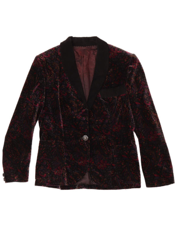 Vintage Womens 1 Button Velvet Blazer Jacket UK 12 Medium Burgundy Floral