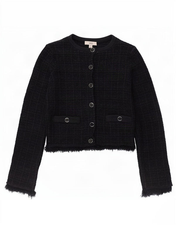 Marks & Spencer Womens Crop Cardigan Sweater UK 6 XS Navy Blue Check Cotton