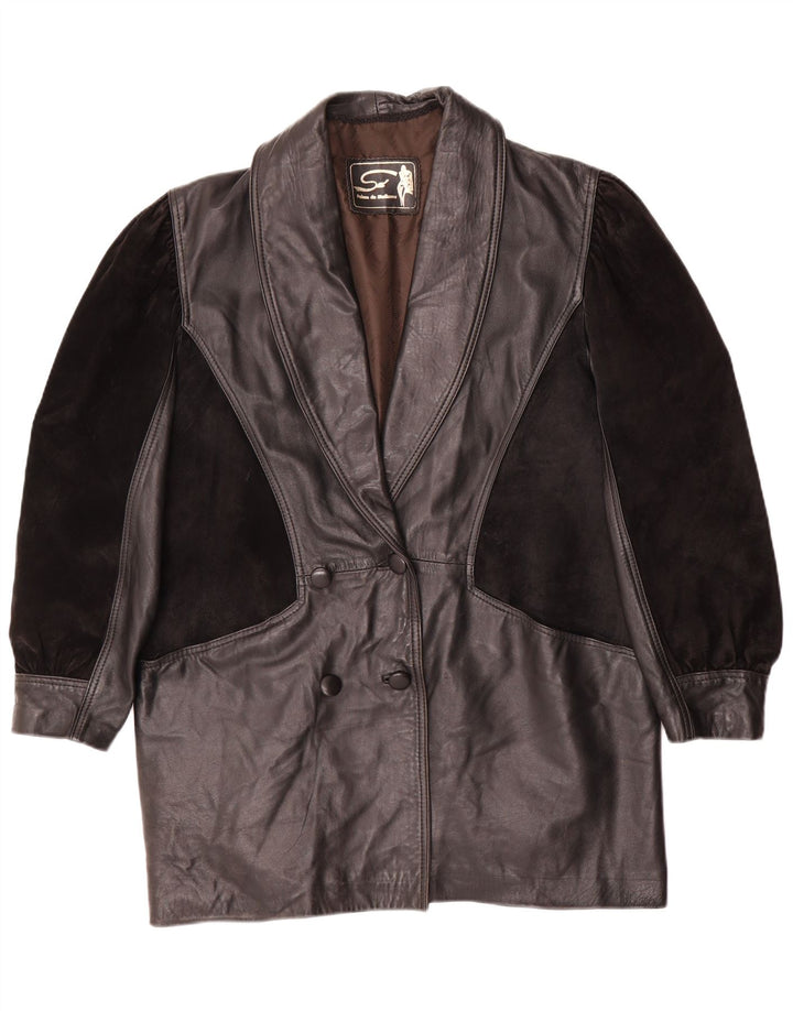 Vintage Womens Oversized Leather Coat UK 14 Medium Black Leather