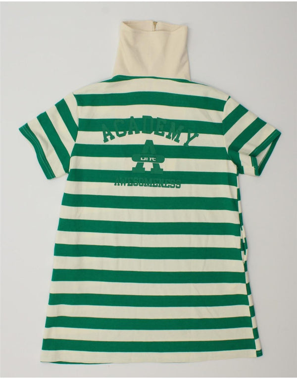 Vintage Womens Longline Zip Neck T-Shirt Dress UK 14 Medium Green Striped