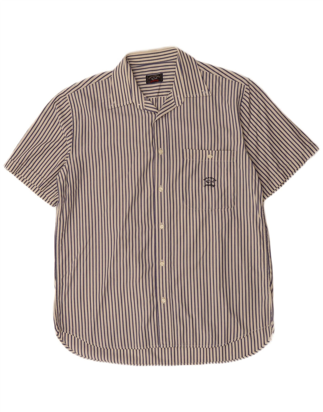 Paul & Shark Mens Short Sleeve Shirt Large Navy Blue Pinstripe Cotton