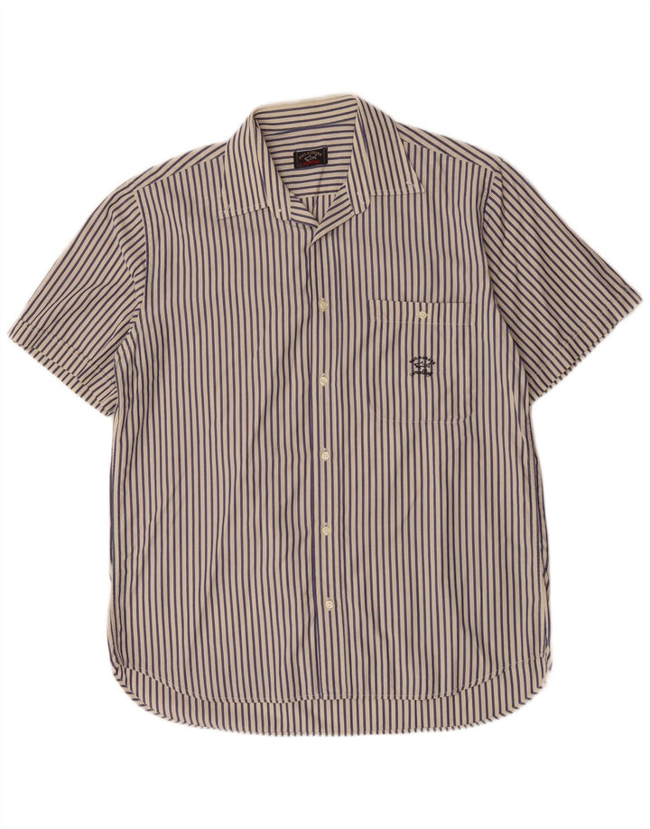 Paul & Shark Mens Short Sleeve Shirt Large Navy Blue Pinstripe Cotton
