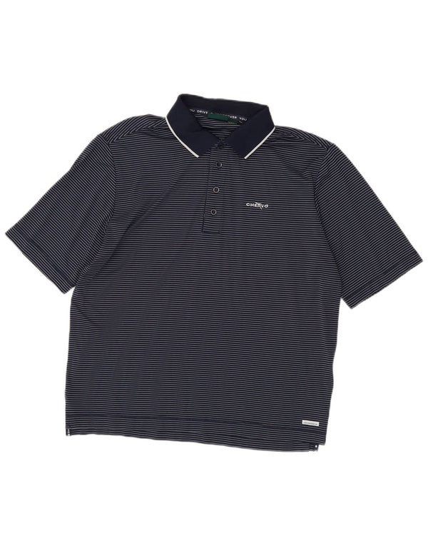 Chervo Mens Polo Shirt IT 48 Medium Navy Blue Pinstripe Polyamide