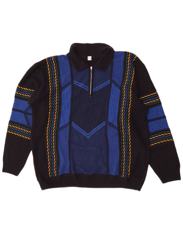 Vintage Mens Polo Neck Jumper Sweater UK 50/52 3XL Black Geometric