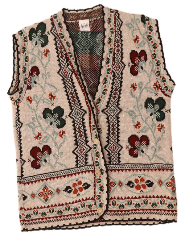 Vintage Womens Sleeveless Cardigan Sweater UK 14 Large Beige Floral Acrylic