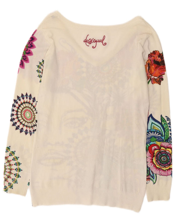 Desigual Womens Graphic V-Neck Jumper Sweater UK 14 Large White Floral