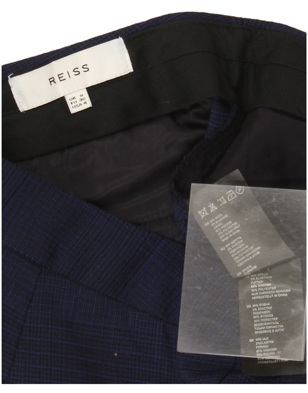 REISS Womens Slim Chino Trousers UK 8 Small W28 L31 Navy Blue Check Cotton