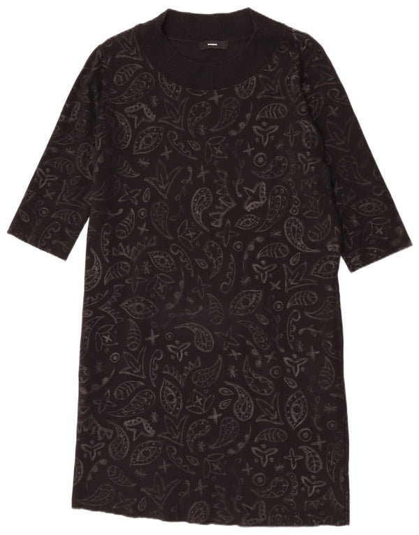 Diesel Womens 3/4 Sleeve Jumper Dress UK 14 Medium Black Paisley Cotton