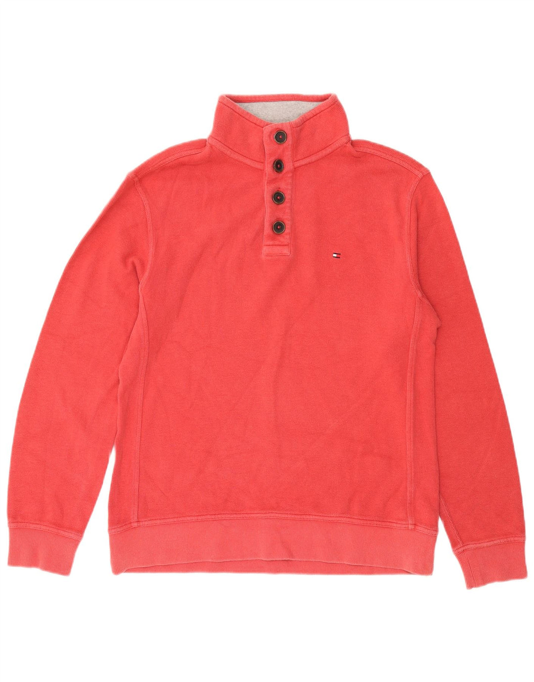 Tommy Hilfiger Mens Button Neck Sweatshirt Jumper Large Red Cotton