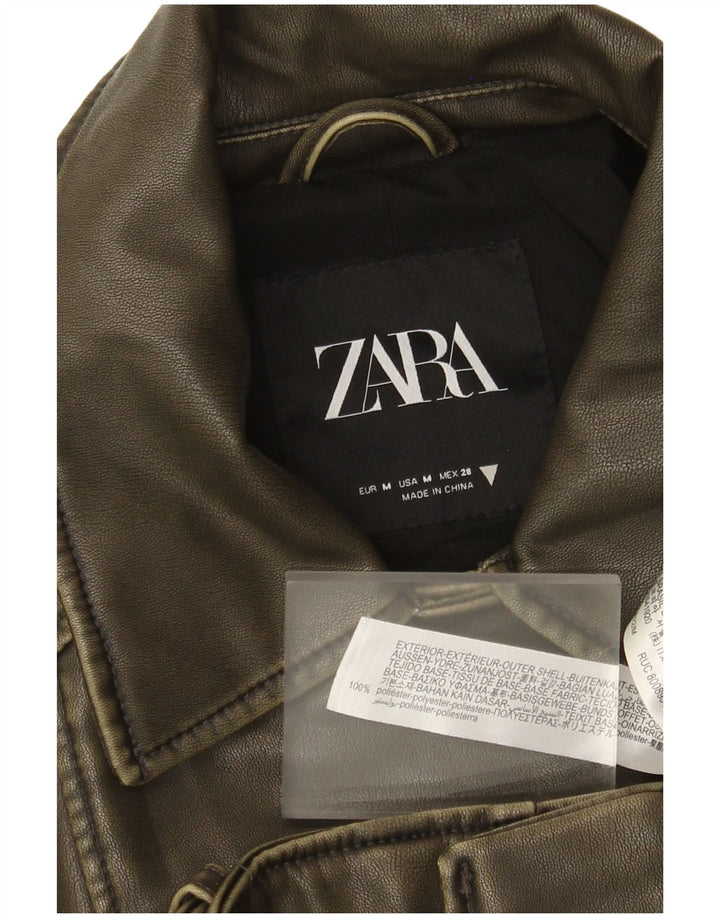 Zara Womens Crop Faux Leather Biker Jacket UK 14 Medium Green Polyester