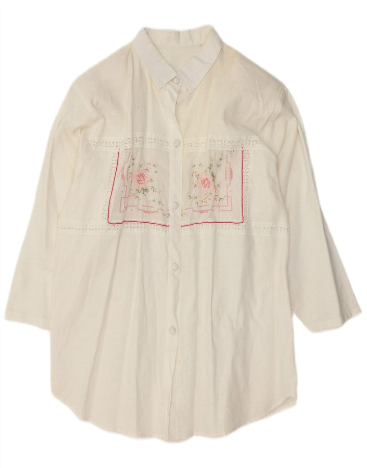 VINTAGE Womens 3/4 Sleeve Shirt Blouse UK 14 Medium White Floral