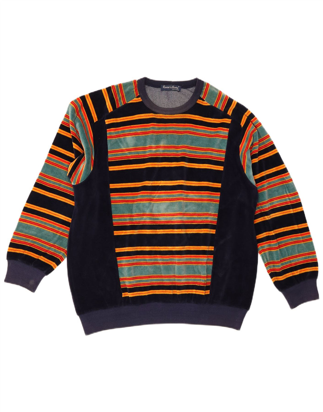 Vintage Mens Terry Cloth Sweatshirt Jumper  Medium Navy Blue Striped Cotton