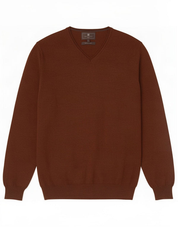 Marks & Spencer Mens Slim Fit V-Neck Jumper Sweater Large Brown Merino Wool