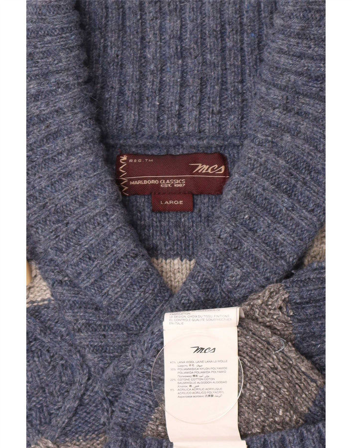 Marlboro Classics Mens Shawl Neck Jumper Sweater Large Blue Striped Wool