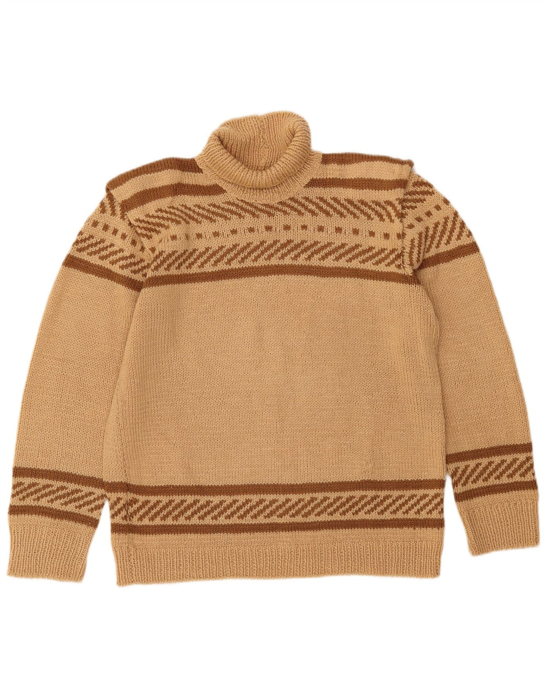 VINTAGE Womens Roll Neck Jumper Sweater UK 16 Large Beige Striped