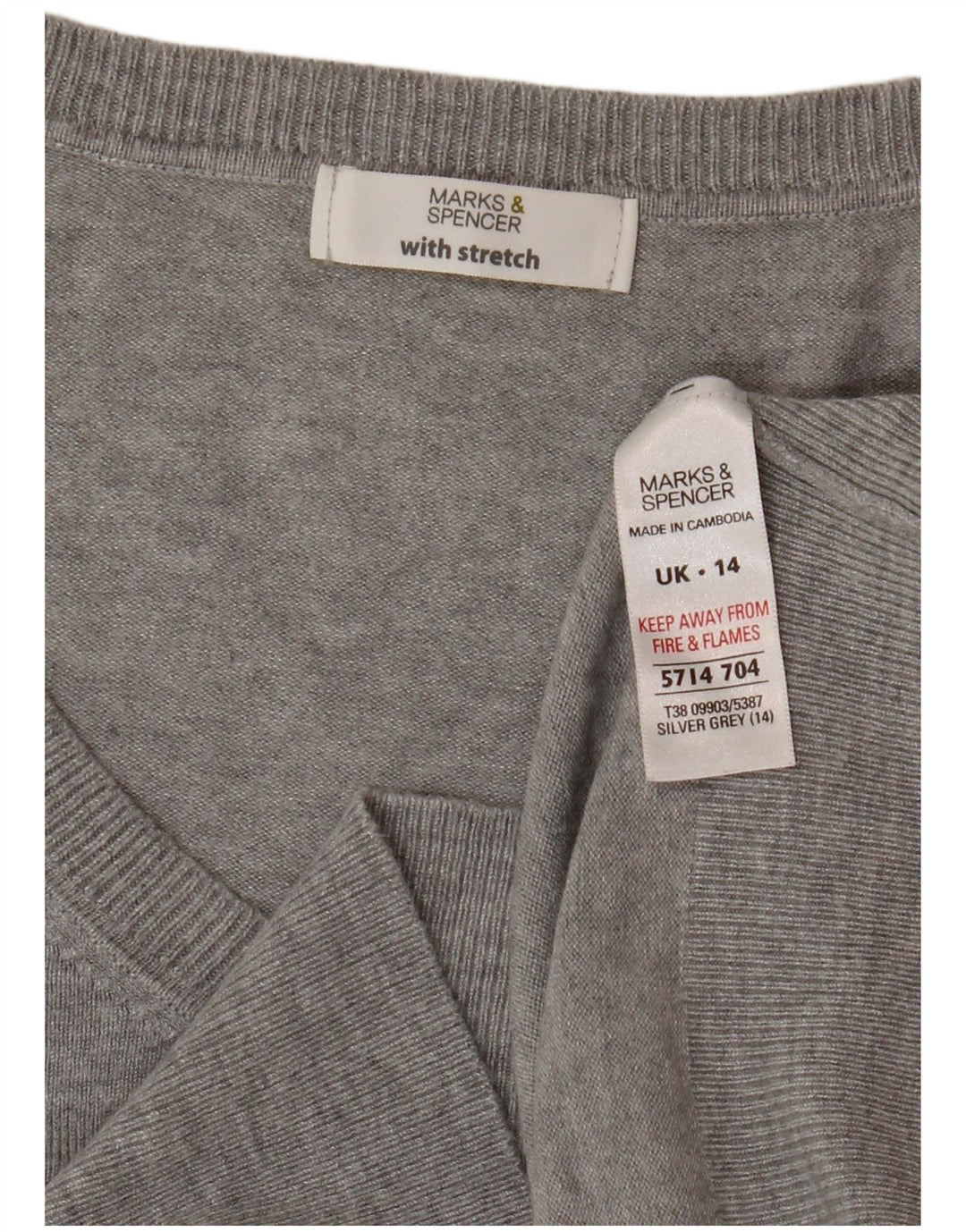 Marks & Spencer Womens Crop V-Neck Jumper Sweater UK 14 Medium Grey