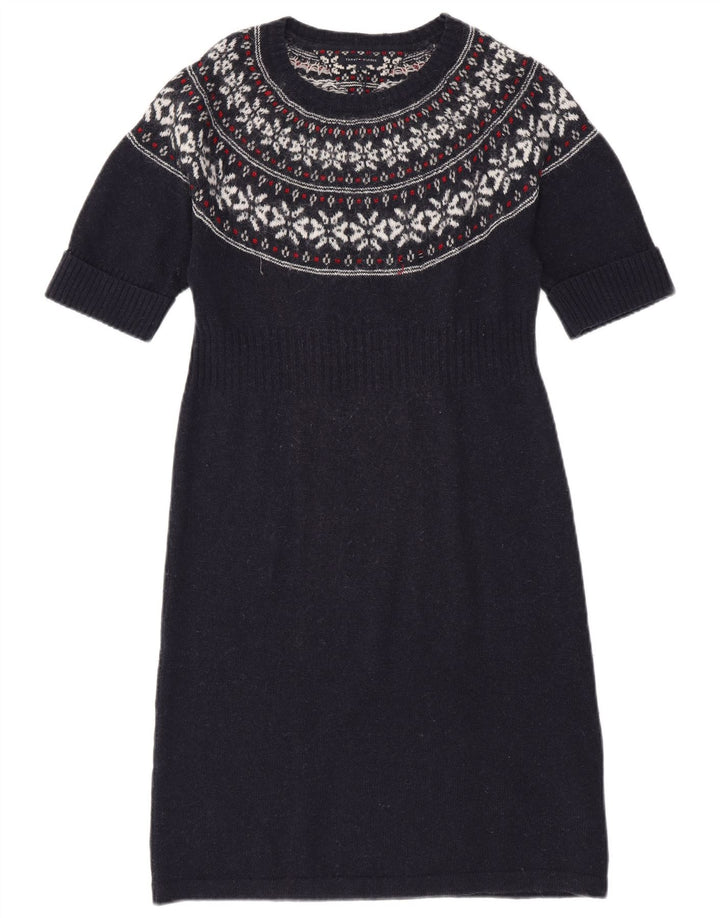 TOMMY HILFIGER Womens Jumper Dress UK 14 Large Navy Blue Fair Isle Wool