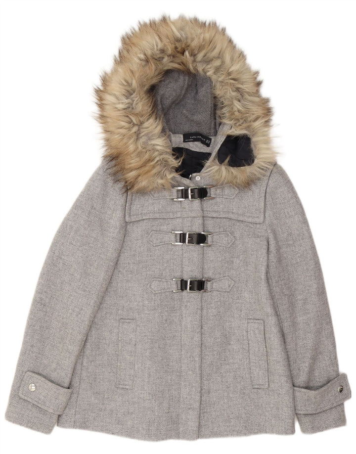 Zara Womens Hooded Oversized Duffle Jacket UK 6 XS Grey Wool