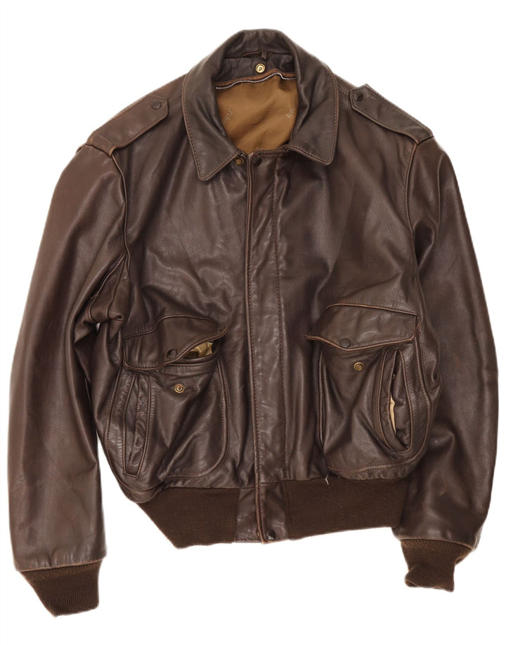 Vintage Mens Military Leather Bomber Jacket UK 38 Medium Brown