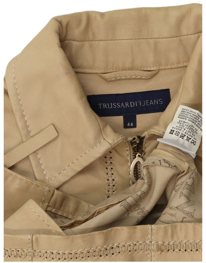 TRUSSARDI JEANS Womens Crop Leather Jacket IT 44 Medium Beige Leather