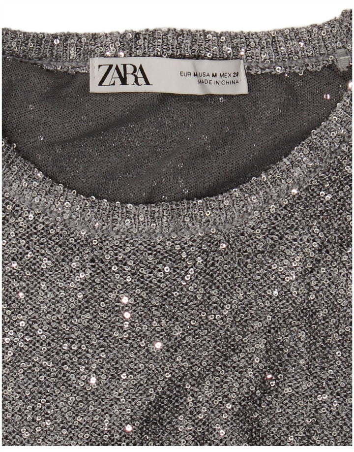Zara Womens Crew Neck Jumper Sweater UK 12 Medium Silver Flecked