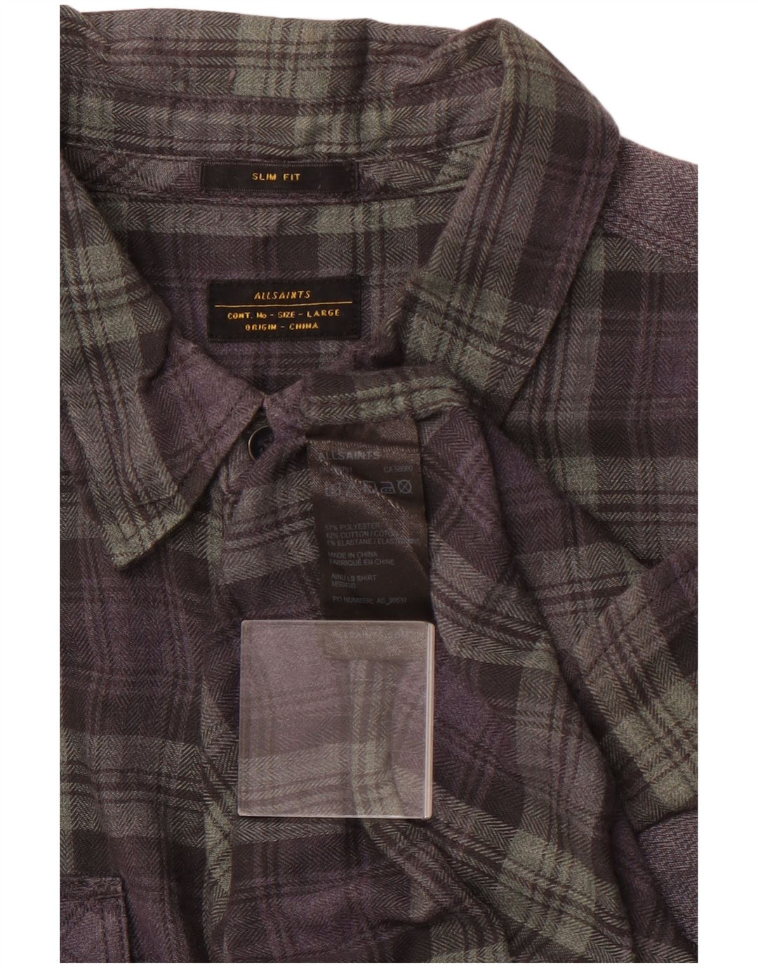 ALL SAINTS Mens Checked  Slim Fit Flannel Shirt Large Grey Check Polyester