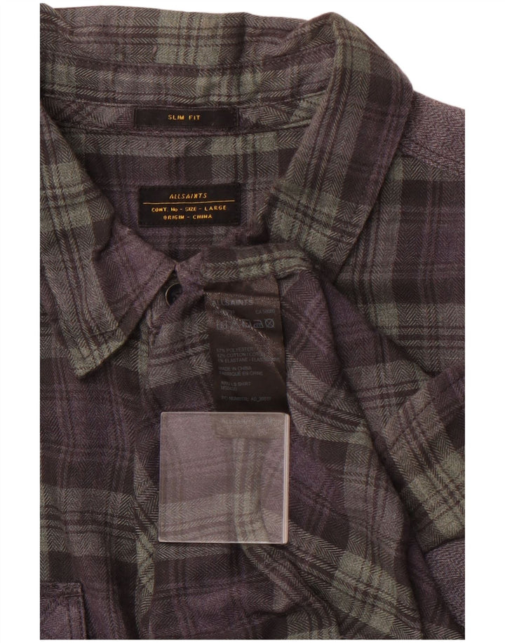 ALL SAINTS Mens Checked  Slim Fit Flannel Shirt Large Grey Check Polyester