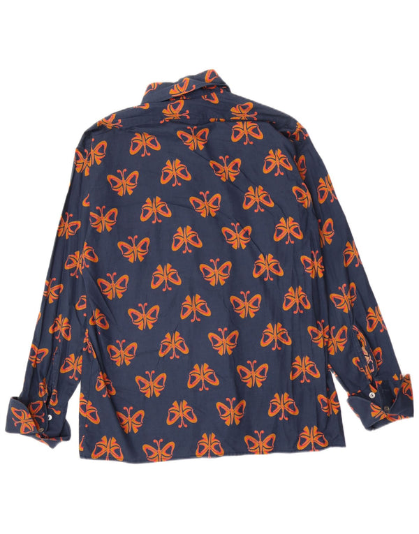 Vintage Mens Abstract Pattern Shirt Large Navy Blue Cotton Butterfly
