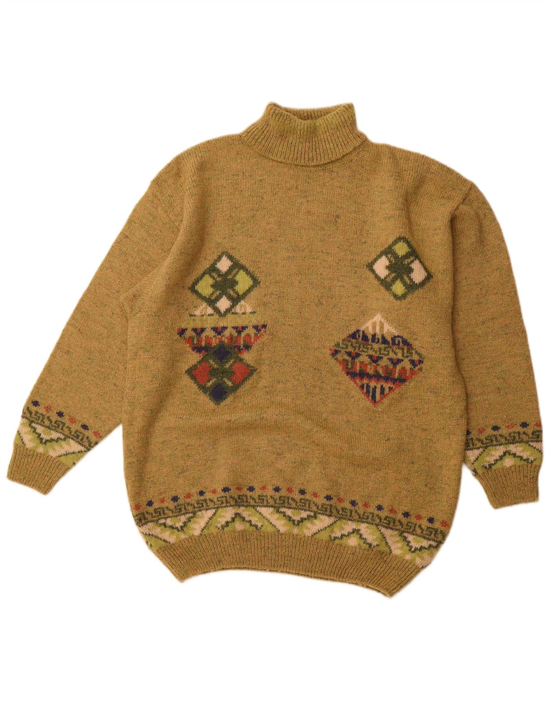 VINTAGE Mens Roll Neck Jumper Sweater IT 52 Large Khaki Argyle/Diamond