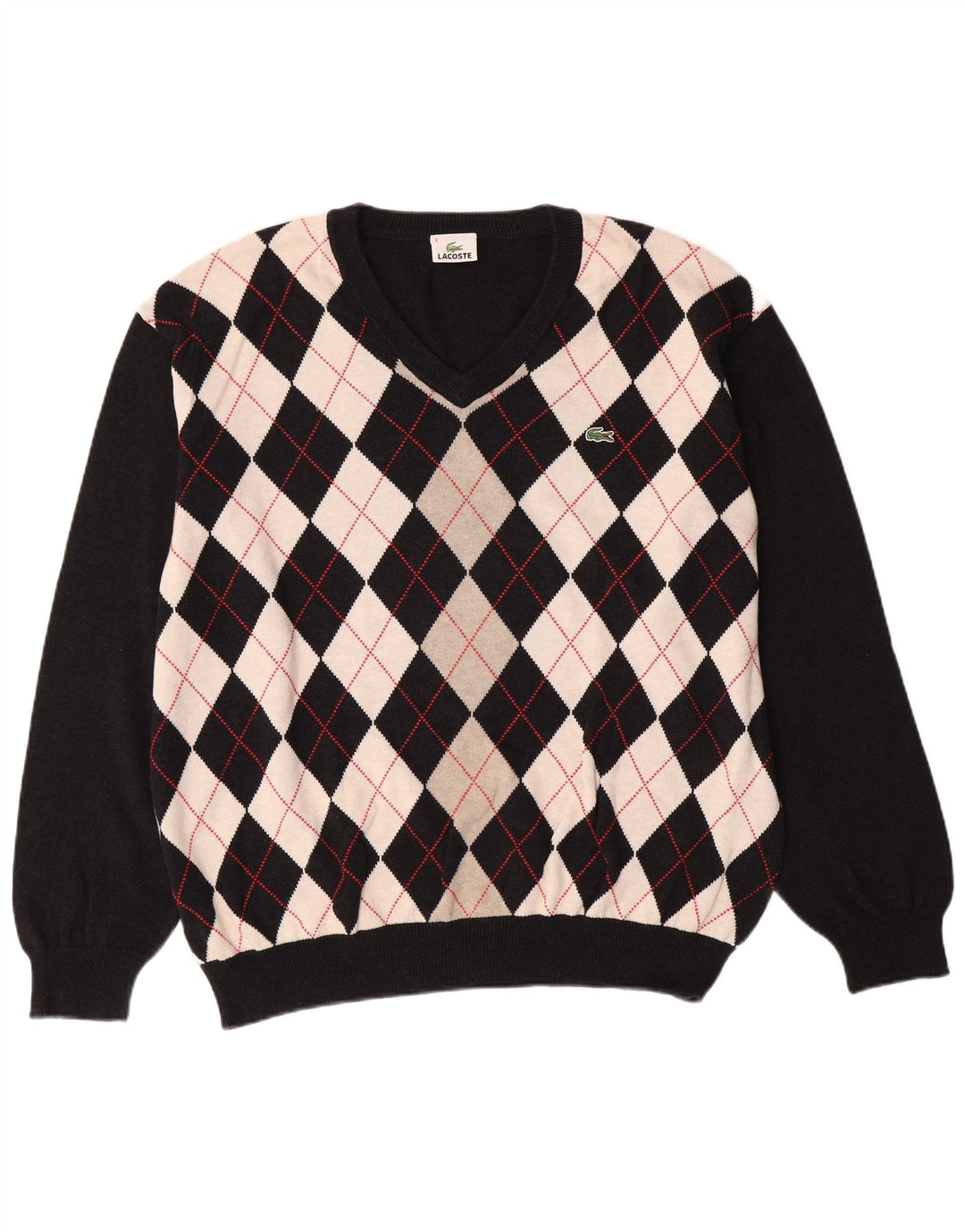 LACOSTE Mens V-Neck Jumper Sweater Size 8 3XL Black Argyle/Diamond Cotton