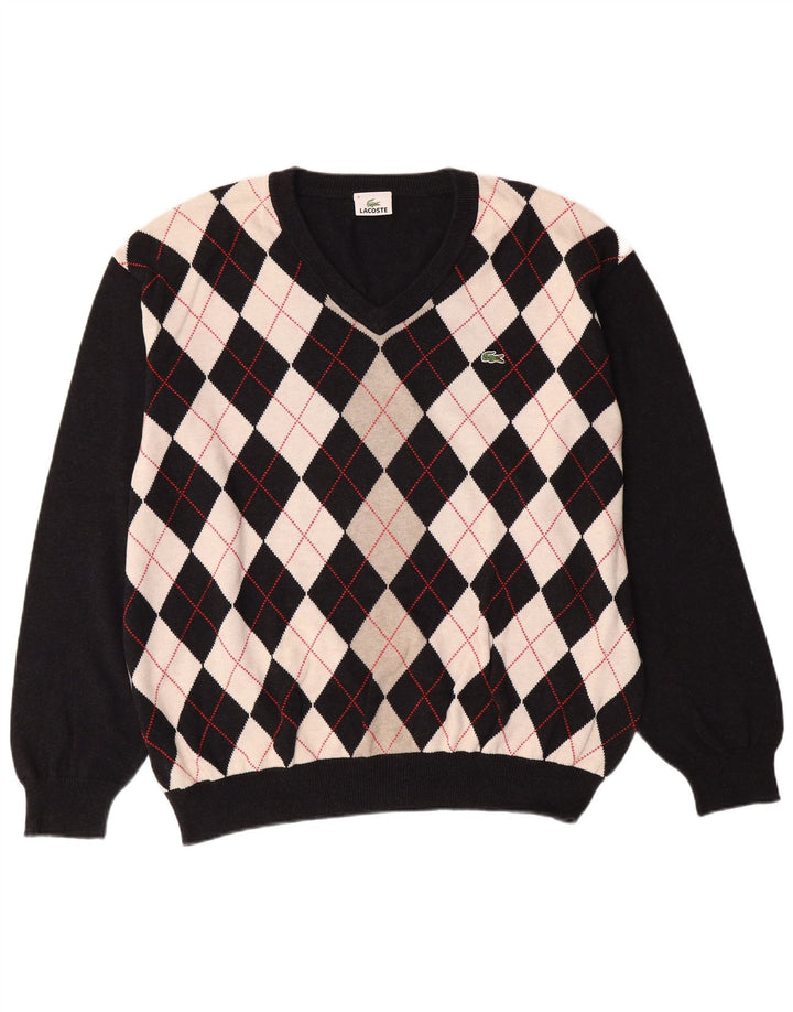 LACOSTE Mens V-Neck Jumper Sweater Size 8 3XL Black Argyle/Diamond Cotton