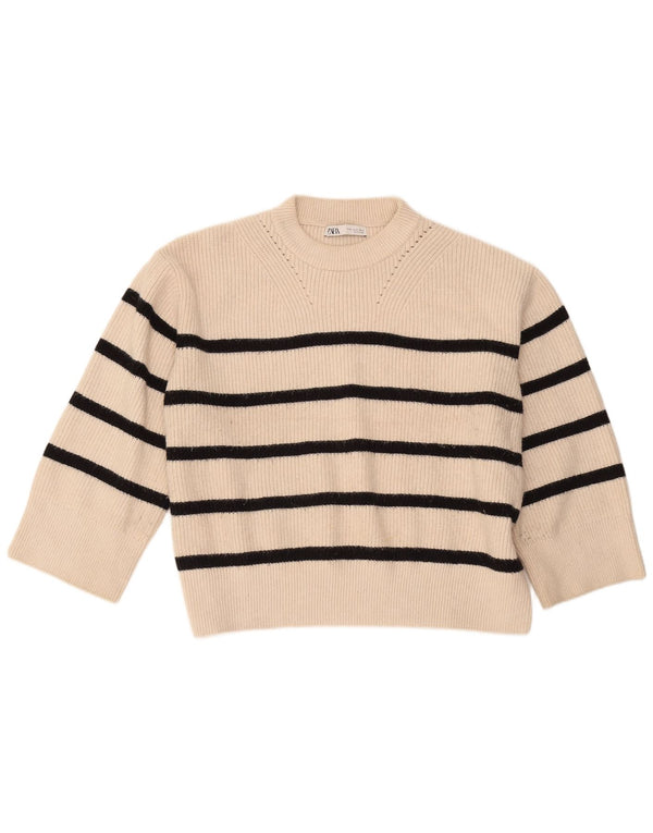 Zara Womens 3/4 Sleeve Crew Neck Jumper Sweater UK 18 XL Off White Striped