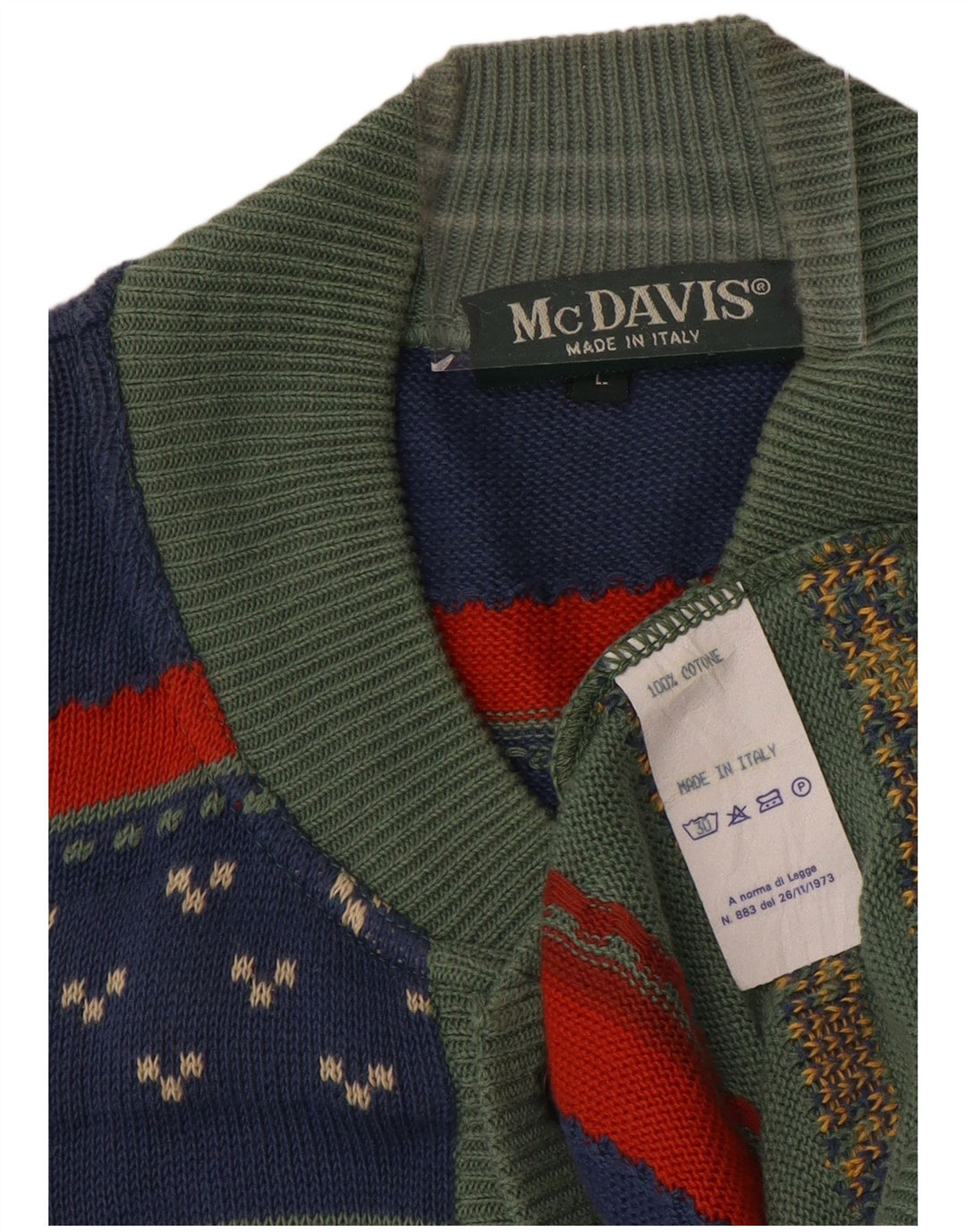MCDAVIS Mens Cardigan Sweater Large Green Striped Cotton