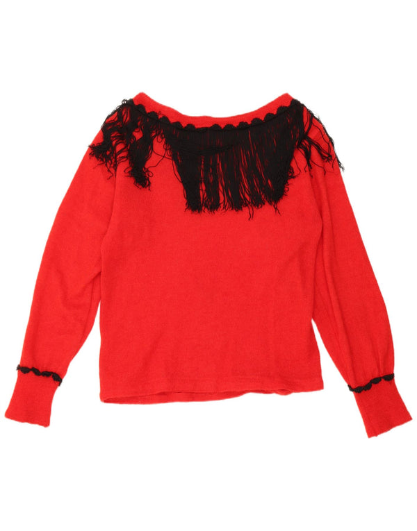 Vintage Womens Crop Boat Neck Jumper Sweater UK 10 Small Red Mohair