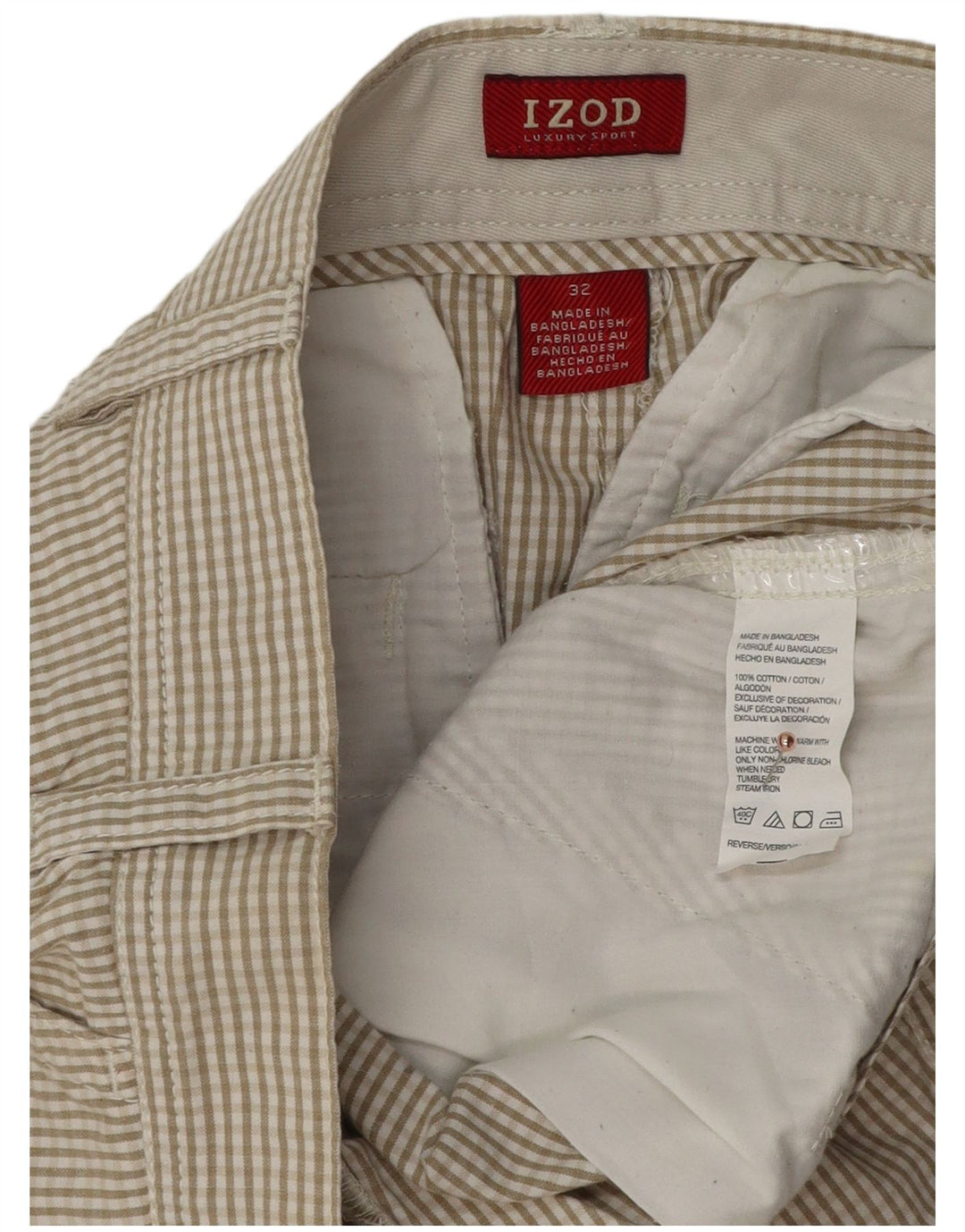 IZOD Mens Chino Shorts W32 Medium  Beige Gingham Cotton