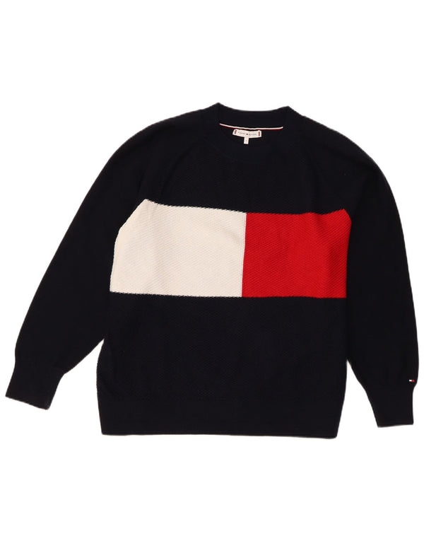 Tommy Hilfiger Mens Crew Neck Jumper Sweater Large Navy Blue Colourblock