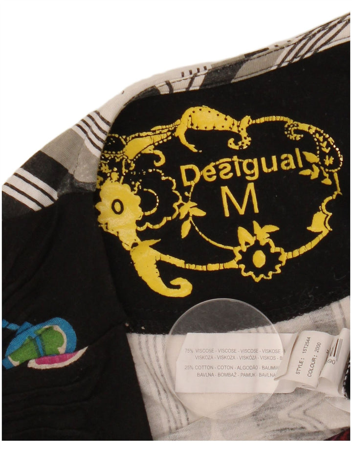 DESIGUAL Womens Graphic Top Long Sleeve UK 12 Medium Black Floral Viscose