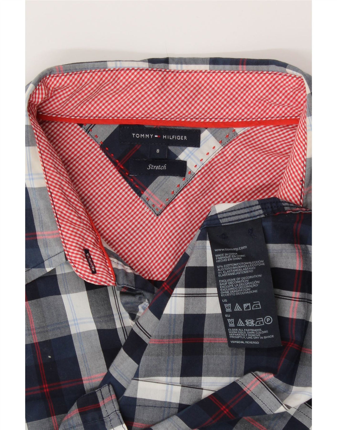TOMMY HILFIGER Womens Stretch Shirt US 8 Medium Navy Blue Check Vintage Tommy Hilfiger and Second-Hand Tommy Hilfiger from Messina Hembry 