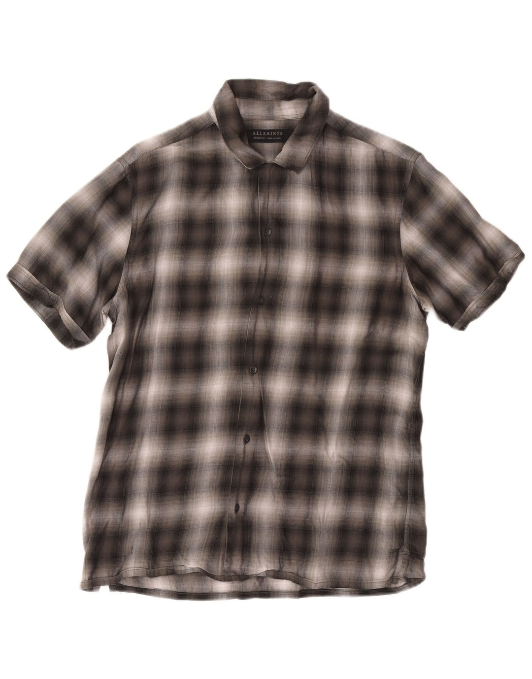 All Saints Mens Short Sleeve Shirt Medium Grey Check Lyocell