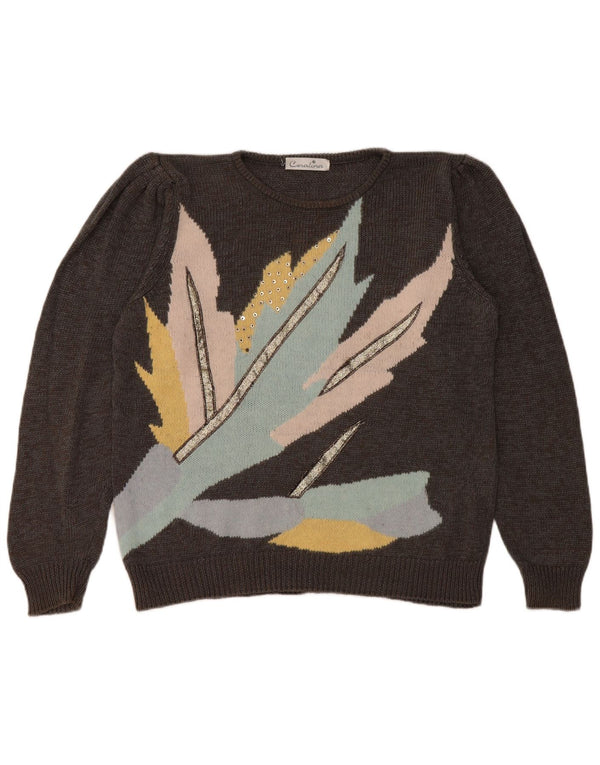 Vintage Womens Oversized Crew Neck Jumper Sweater EU 40 Medium Grey Floral