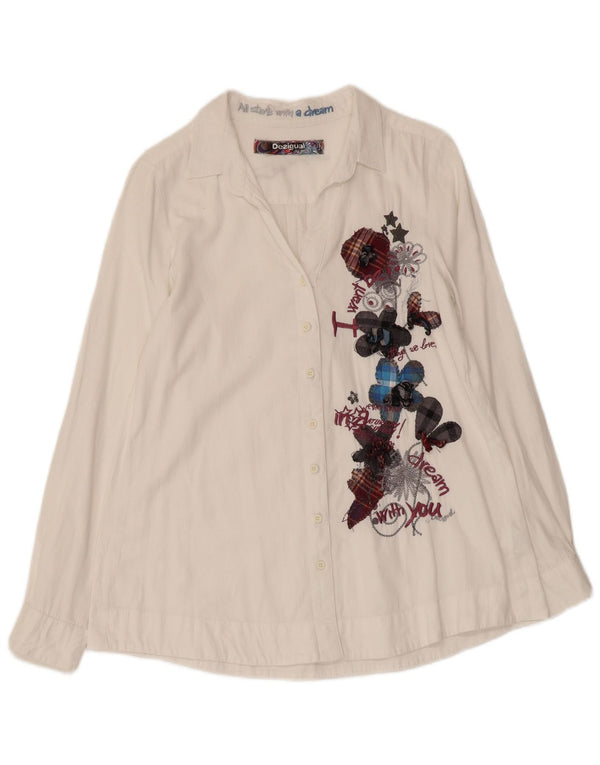 DESIGUAL Womens Graphic Shirt UK 10 Small White Floral Cotton