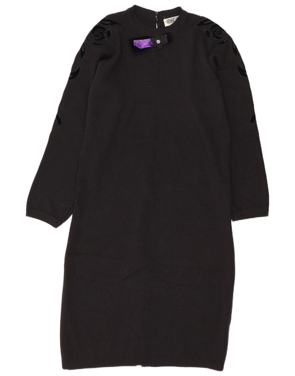 Vintage Womens Jumper Dress UK 10 Small Black Floral Acrylic