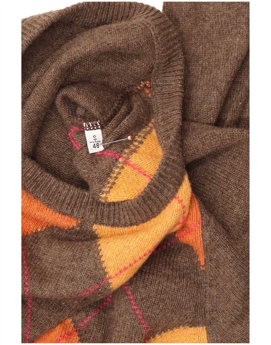 VINTAGE Mens Crew Neck Jumper Sweater IT 48 Small Brown Argyle/Diamond