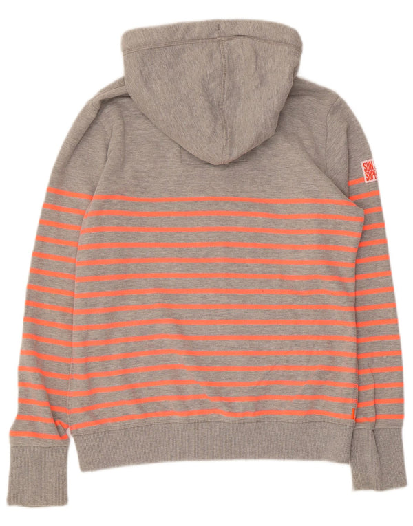 Superdry Womens Zip Hoodie Sweater UK 14 Large Grey Striped Cotton