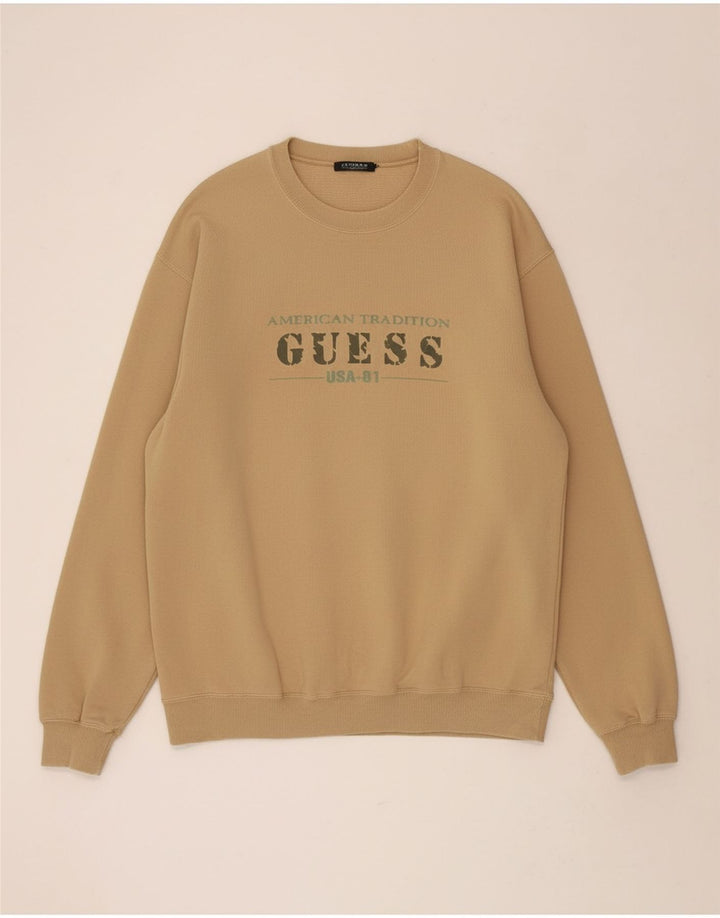 GUESS Mens Graphic Sweatshirt Jumper Large Beige Cotton