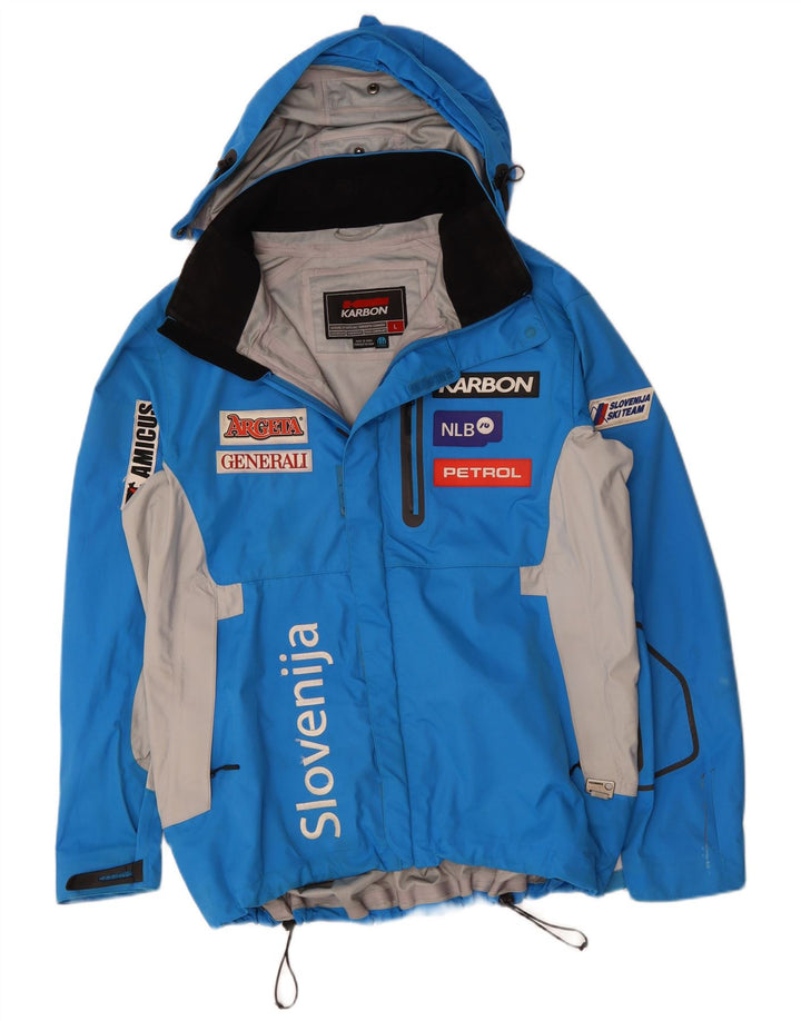 KARBON Mens Graphic Hooded Rain Jacket UK 40 Large Blue Colourblock Nylon