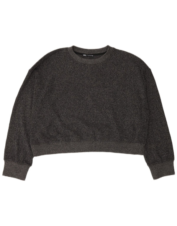 Zara Womens Crop Oversized Crew Neck Jumper Sweater UK 16 Large Grey