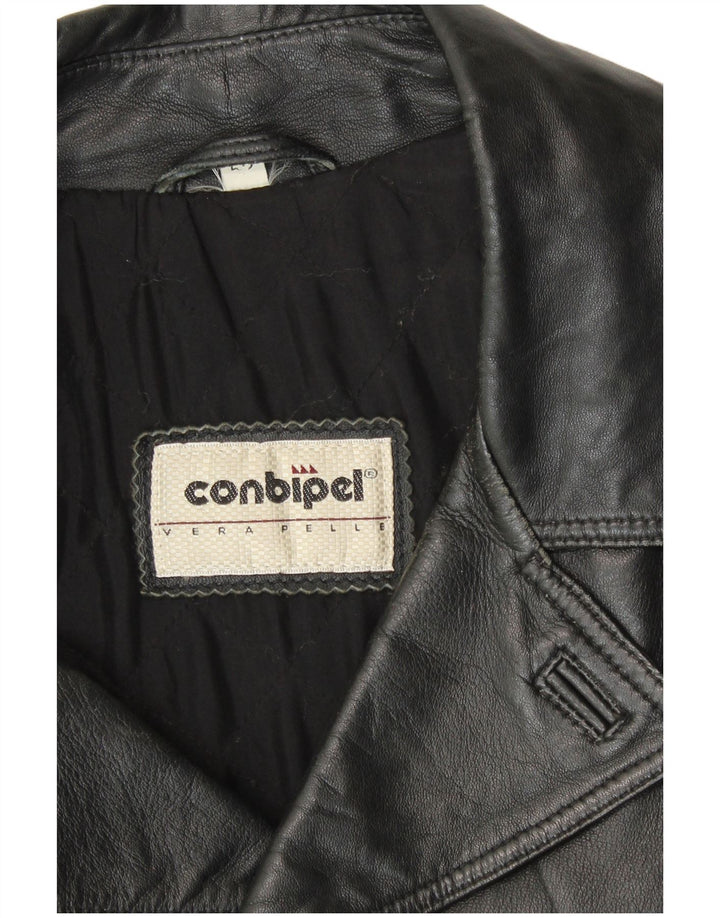 Conbipel Mens Double Breasted Leather Coat Size 52 Large Black Leather