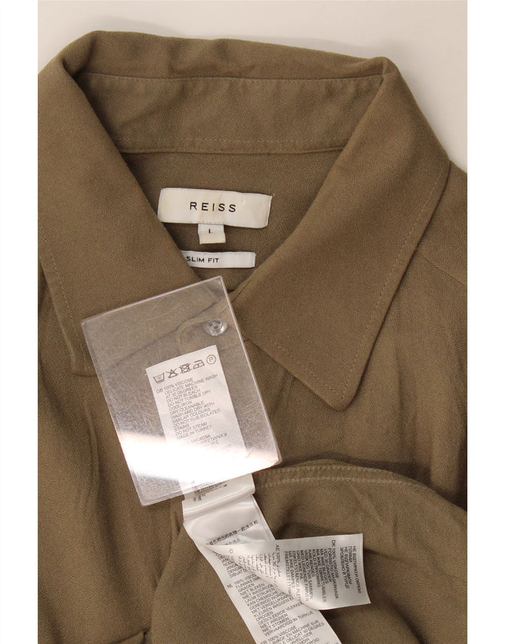 Reiss Mens Slim Fit Shirt Large Khaki Viscose